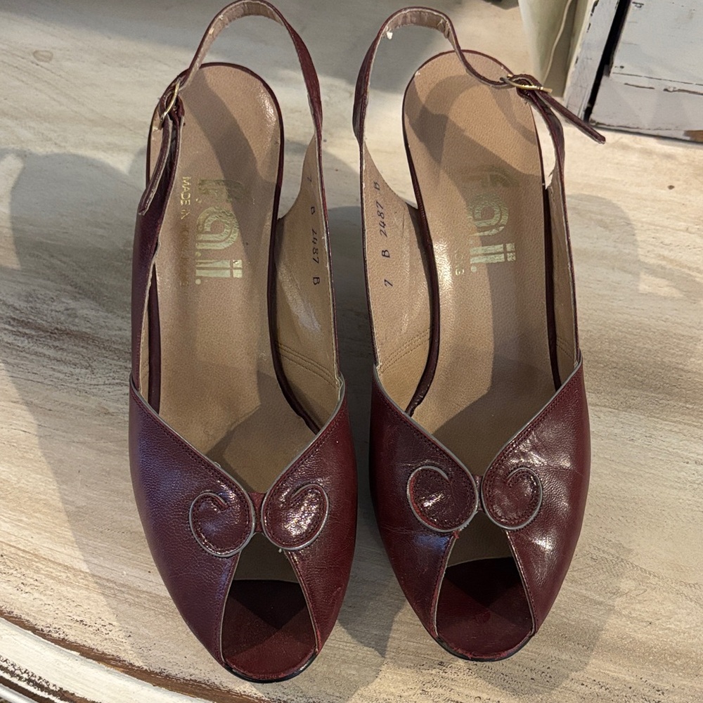 Vintage Maroon Peep-Toe Slingback Heels and matching clutch